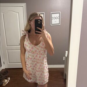 Floral Pink and White Sleeveless Dress with Bows